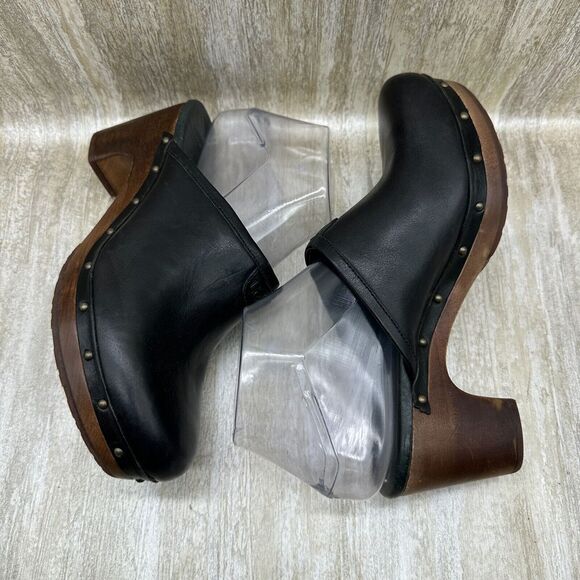 UGG Abbie Black Leather Slip On Heeled Mules Womens 7 Clogs Shoes Chunky Y2K - Picture 6 of 10